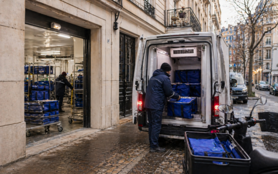 A courier transfers insulated frozen grocery totes from a cold compartment