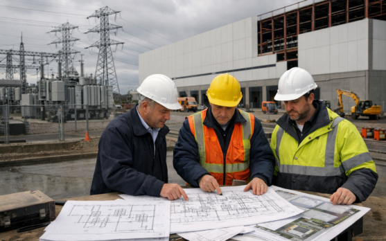 A large cold storage facility under construction next to a substantial electrical substation