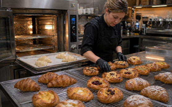 Baker preparing pastries in bustling kitchen