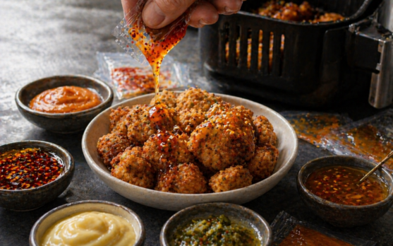 Fried chicken with assorted dipping sauces