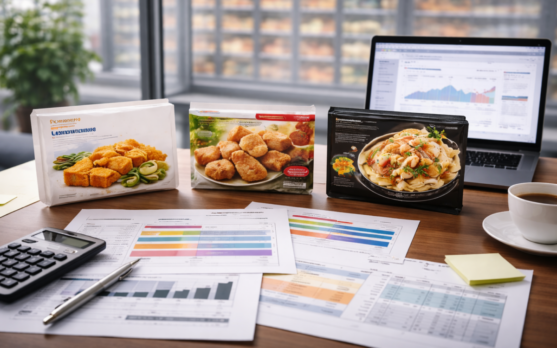 Frozen category strategy desk with printed assortment architecture charts