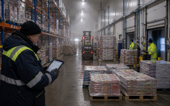 Industrial warehouse with workers and pallets