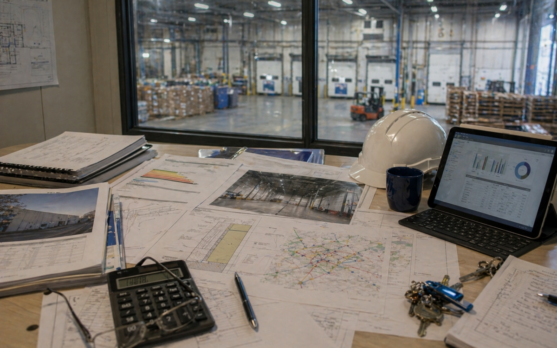 Industrial workspace with plans and tools