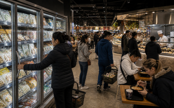 Busy market and food court scene