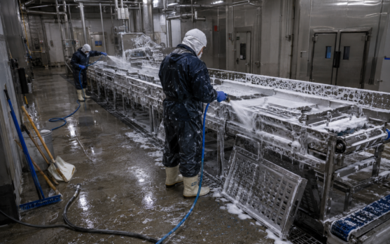Cleaning the processing line in action