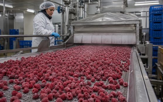Frozen raspberries in industrial processing line