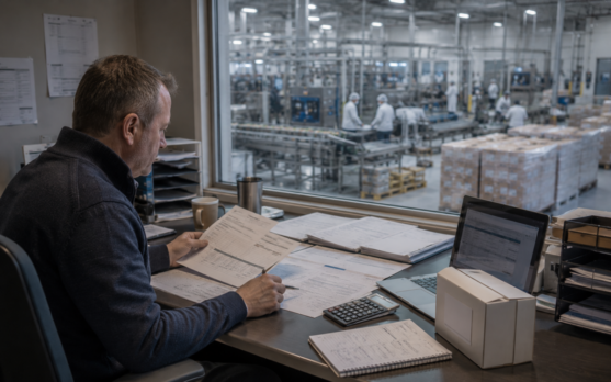 Office view of bustling factory floor