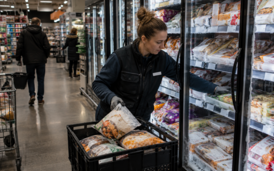 Store worker stocking frozen foods