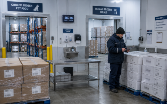 Industrial cold storage facility with pet food